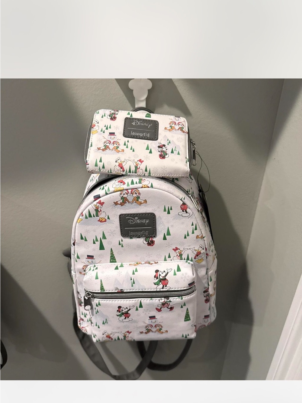 New Disney x Loungefly White Mini Backpack and wallet set with Holiday Print